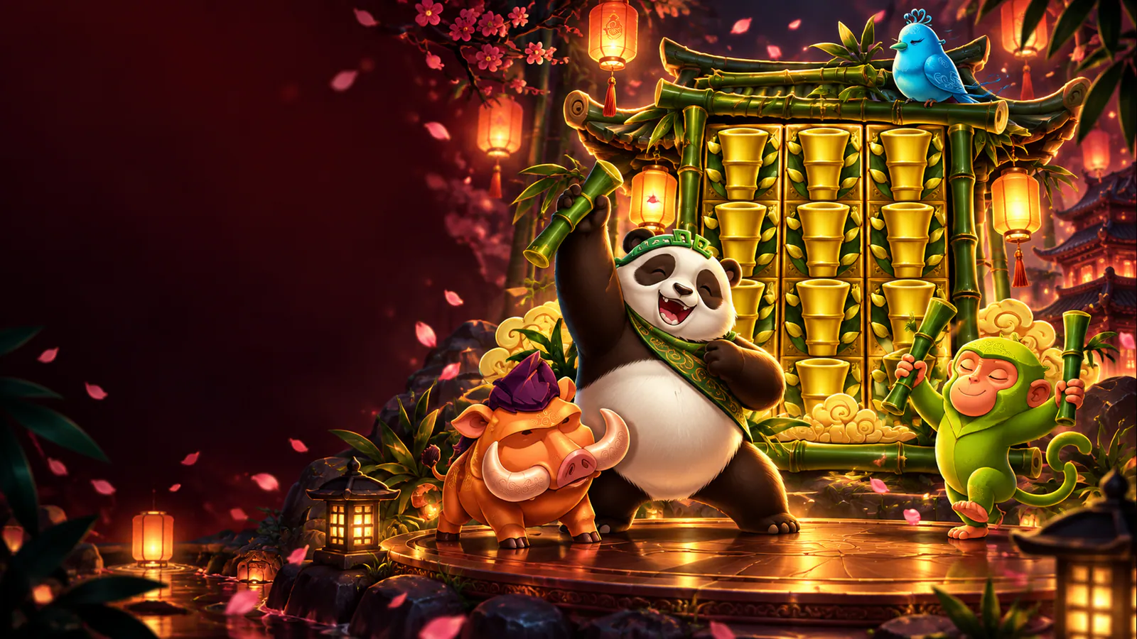 A joyful panda and friends standing in front of a glowing bamboo slot wall